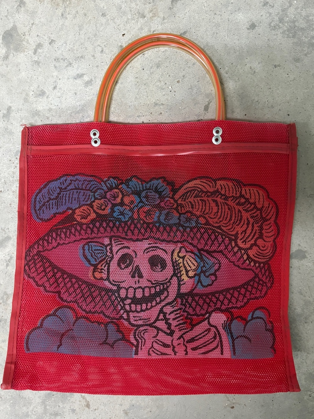 Red Handmade Mesh Tote Bag with Skull graphic
